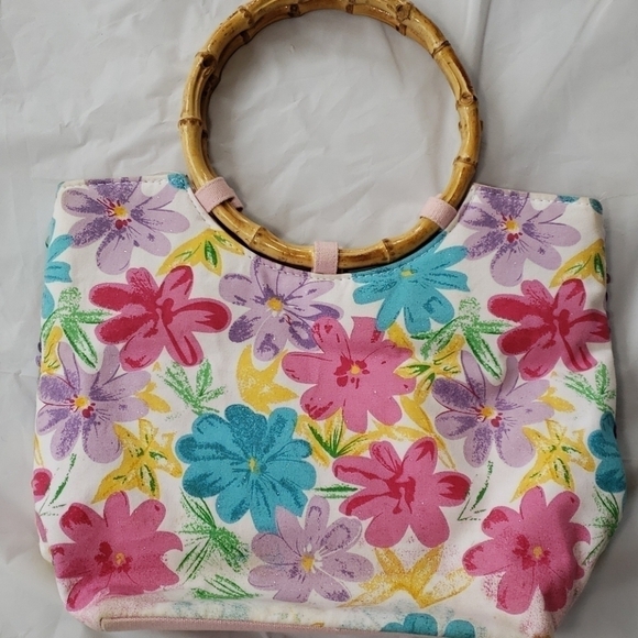Jn's Spring Floral Sequined Fabric Bamboo Handbag Handbag Purse Pretty! - Picture 2 of 8